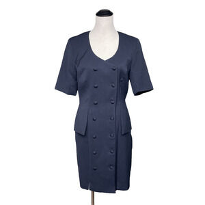 Vintage Faust Women US 4/6 T40 Navy‎ Dress Made in France Dbl Breasted Short Slv